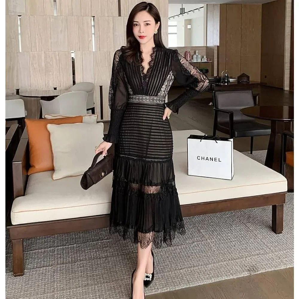 CateβCat Midi Whimsygoth Illusion Chiffon Lace Poet Bishop Sleeve Dress Sz. M